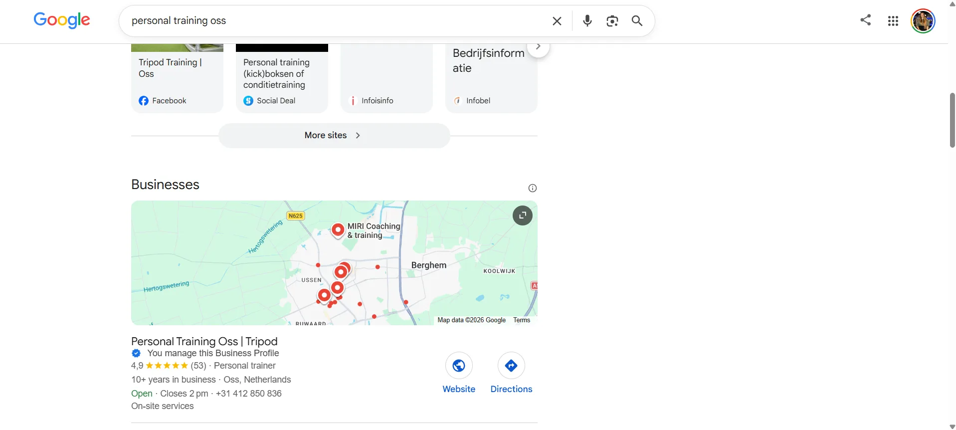 screenshot google business profile personal trainer Oss tripod training